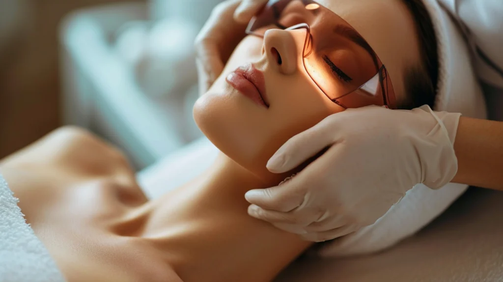 A patient undergoing an IPL session with protective eyewear in a relaxing spa setting.