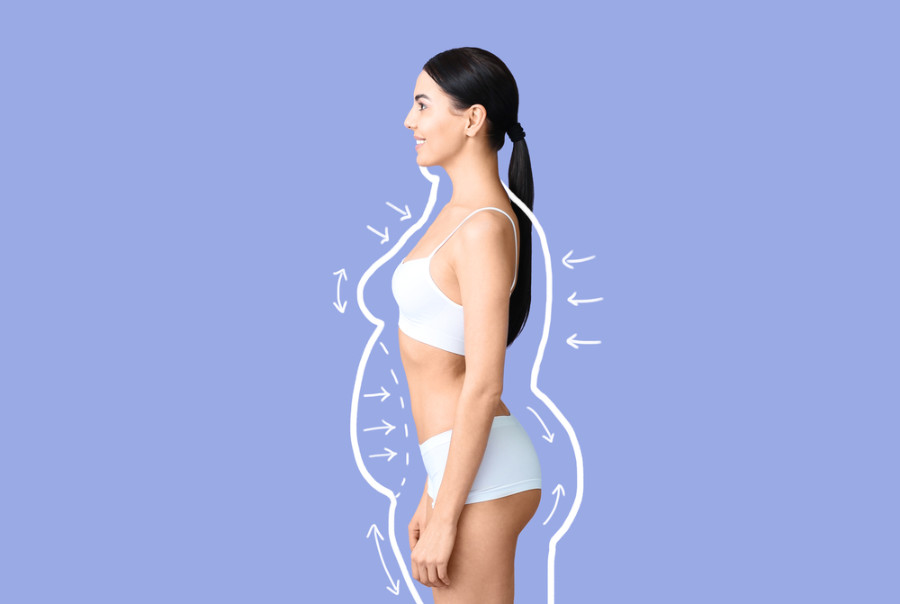 A visual depiction of body transformation through Semaglutide treatment, with arrows indicating areas of weight loss.