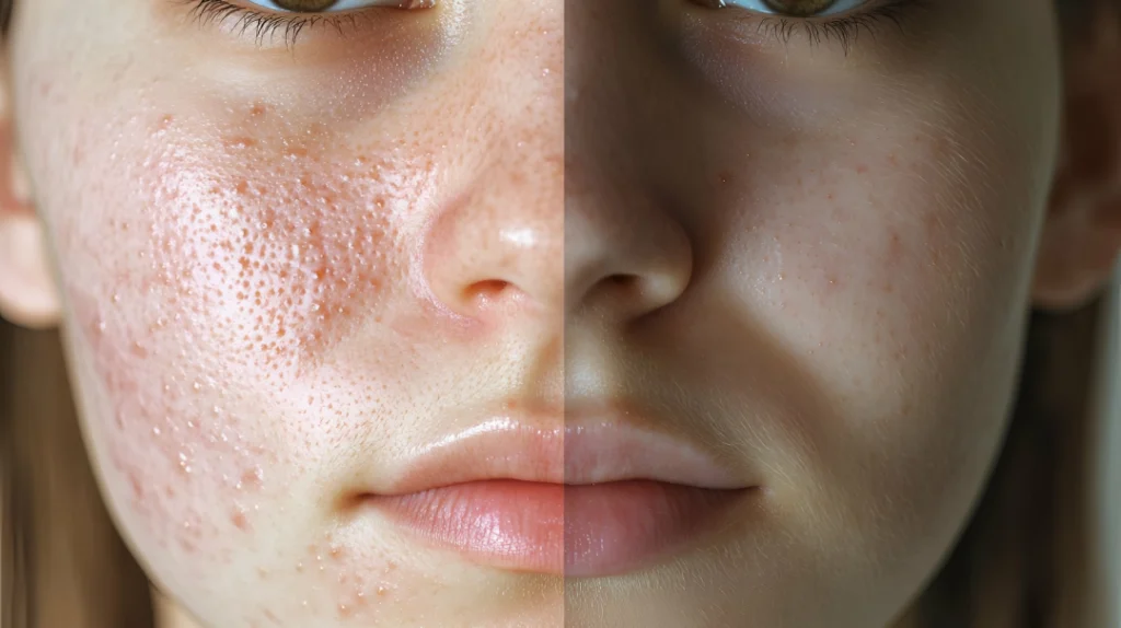 Before and after results of chemical peels treatment on facial skin.