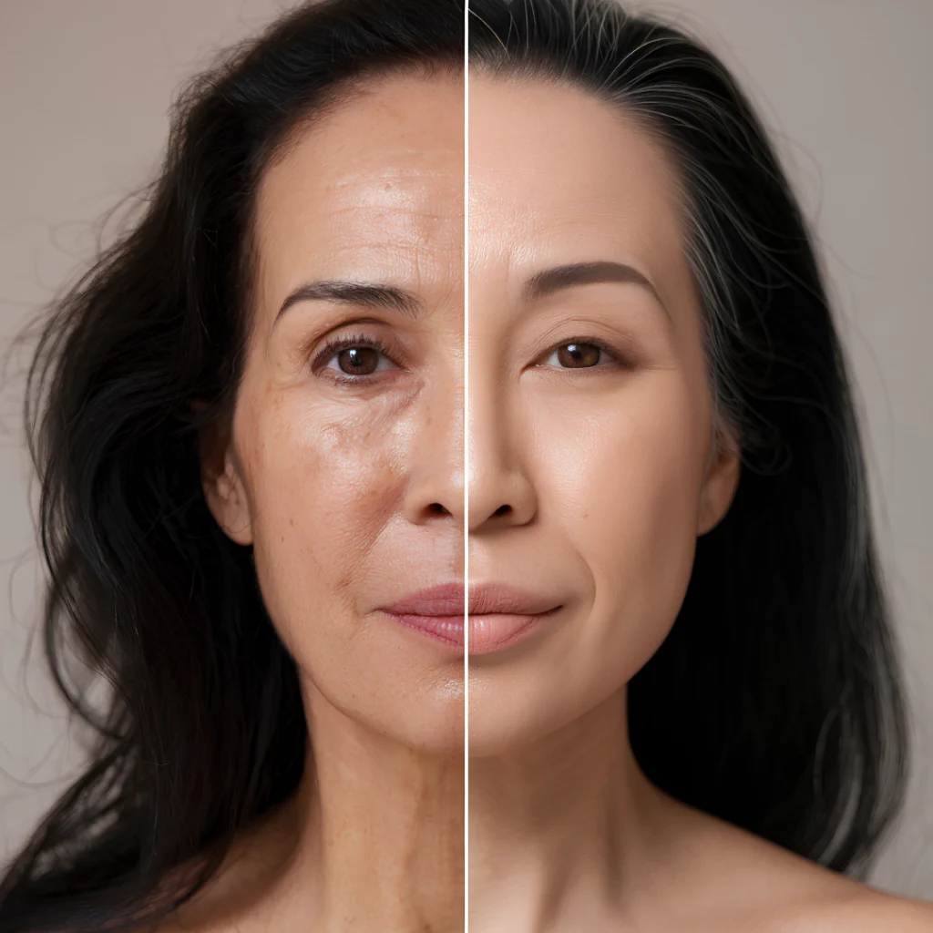 Before and after results of a microneedling treatment on facial skin