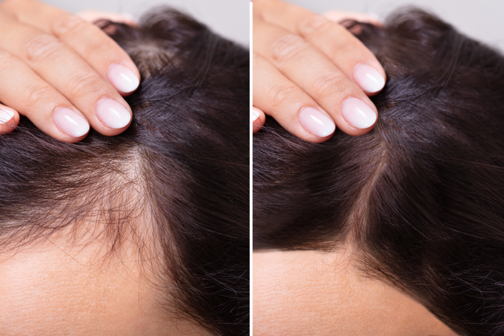 Close-up of scalp showing before and after results of hair restoration treatment.